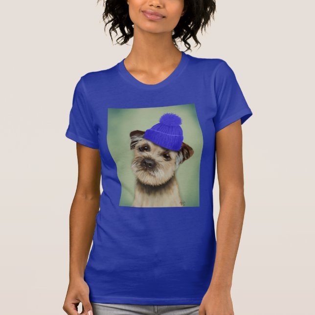 Grenzer Terrier mit blauem Bobble Hat T-Shirt (Vorderseite)