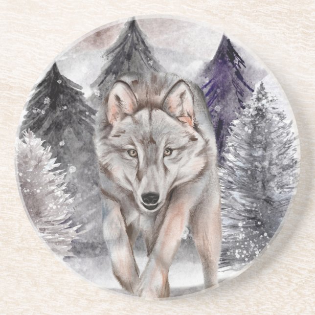 Grès Aquarelle de loup gris Dessous de verre en pierre  (Devant)