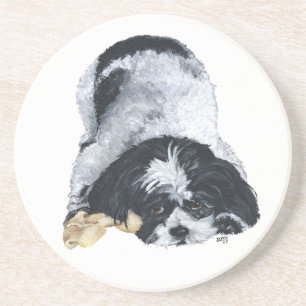 Grès Shih Tzu noir et blanc sur dessous de verre en grè