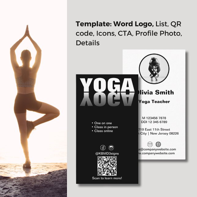 Grève un pose Carte de visite enseignant de Yoga t (Strike a Pose Trendy Yoga Teacher Business Card, Word Logo, Service List, QR code, Photo)