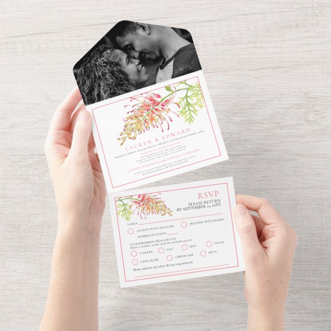 Grevillea Aquarell Blütenhochzeit RSVP Optionen All In One Einladung (Abreißen)