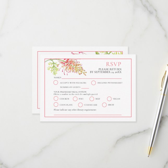 Grevillea Aquarell Hochzeitsmöglichkeiten UAWG RSVP Karte (Vorderseite/Rückseite Beispiel)