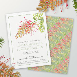 Grevillea Blume Aquarell Hochzeit grün weiß in Einladung
