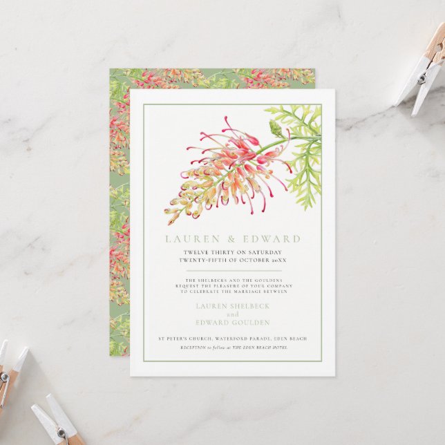 Grevillea Blume Aquarellfarben Hochzeitsgrün Einladung (Vorderseite/Rückseite Beispiel)