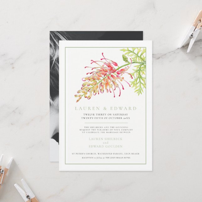 Grevillea botanisches Foto Hochzeitsgrün Einladung (Vorderseite/Rückseite Beispiel)