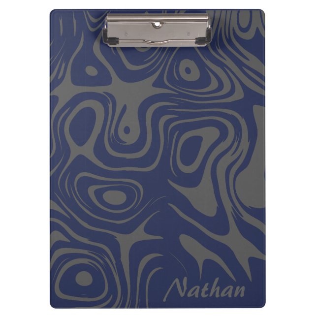 Grey and Blue Abstract Swirly Pattern Personalised Klemmbrett (Vorderseite)