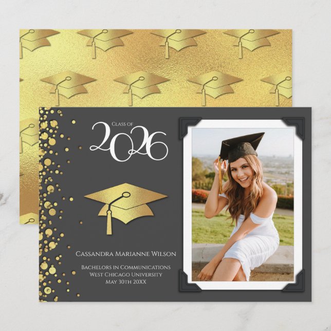 Grey and Gold Graduation Announcement Einladung (Vorne/Hinten)