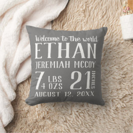 Grey Baby Boy Nursery Birth Stats Coussin