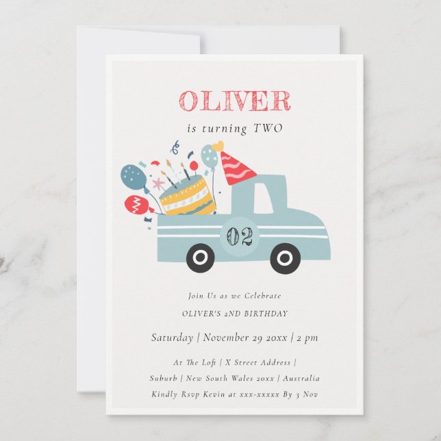 Grey Blue Any Age Birthday Party Cake Truck Einladung (Vorderseite)