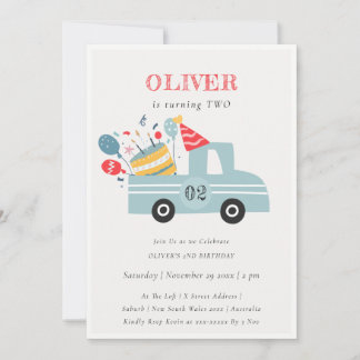Grey Blue Any Age Birthday Party Cake Truck Einladung