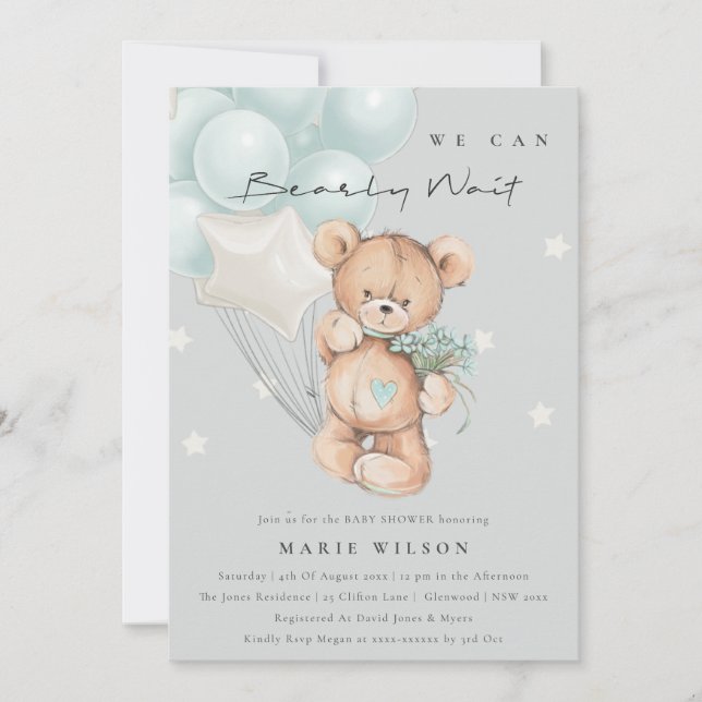 Grey Blue Bearly Wait Balloon Baby Showeinladung Dankeskarte (Vorderseite)