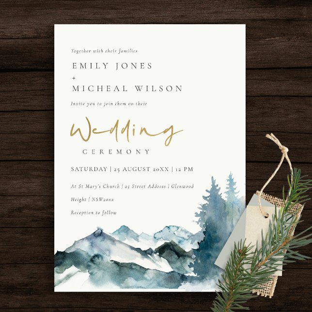 Grey Blush Green Blue Mountains Pine Wedding Einladung (Von Creator hochgeladen)