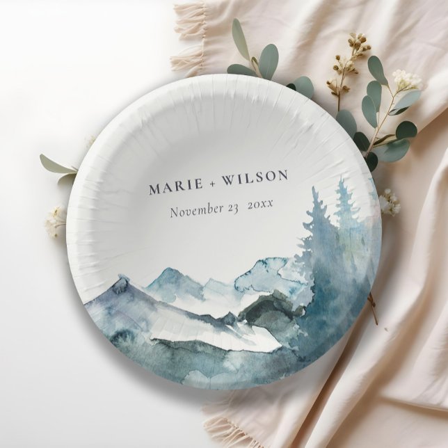 Grey Blush Green Blue Mountains Pine Wedding Pappteller (Von Creator hochgeladen)