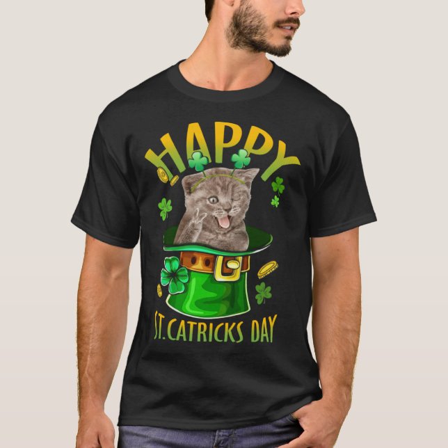 Grey Cat Catrick Irish Shamrock Kitten St Patricks T-Shirt (Vorderseite)