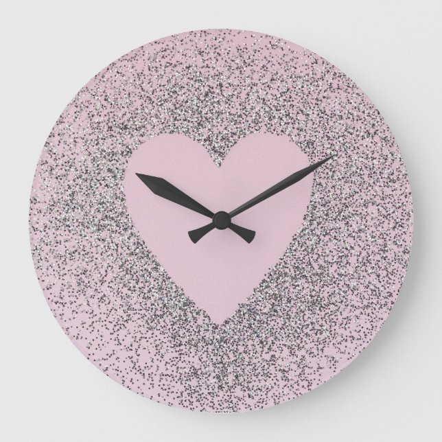 Grey Glitter Canvas Art with Pink Heart Große Wanduhr (Vorderseite)
