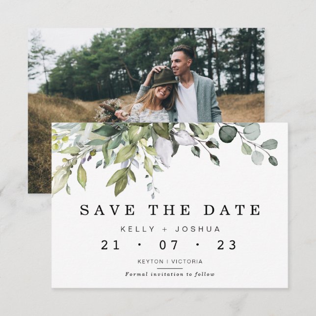 Grey Green Foliage Wedding speichert die Datumskar Einladung (Vorne/Hinten)