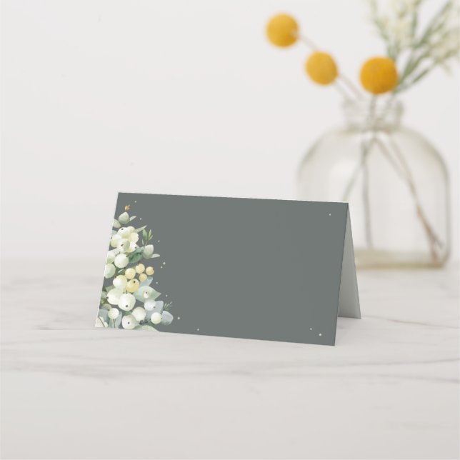 Grey Green Snowberry+Eucalyptus Wedding Platzkarte (Vorderseite)