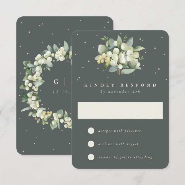 Grey Green Snowberry+Eucalyptus Wedding RSVP Karte (Vorne/Hinten)