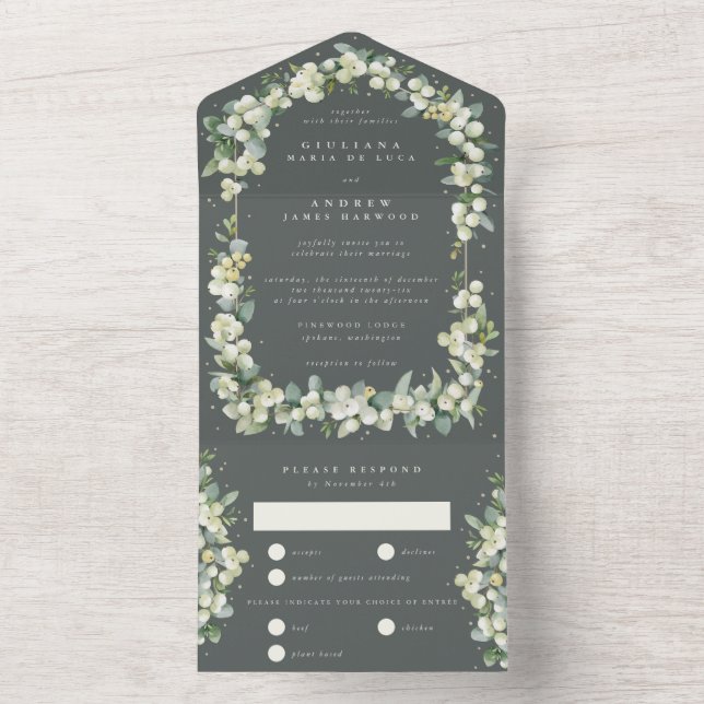 Grey Green Snowberry + Eukalyptus Wedding All In One Einladung (Innen)