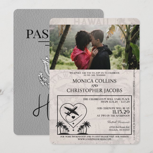 Grey Hawaii Passeport Faire-part de mariage (Devant / Derrière)