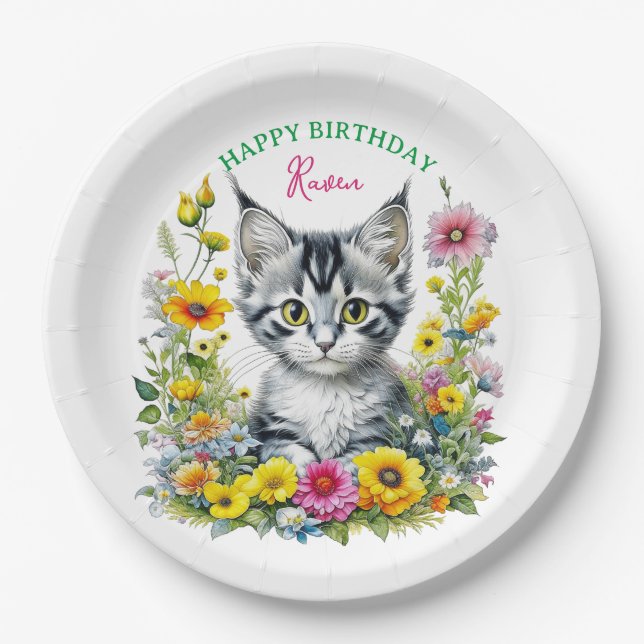 Grey Kitten Themed Girl's Birthday Party Einladung Pappteller (Vorderseite)