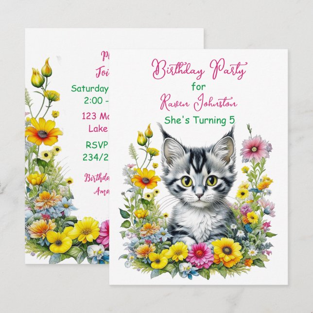 Grey Kitten Themed Girl's Birthday Party Einladung Postkarte (Vorne/Hinten)