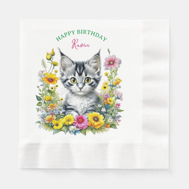 Grey Kitten Themed Girl's Birthday Party Einladung Serviette (Vorderseite)