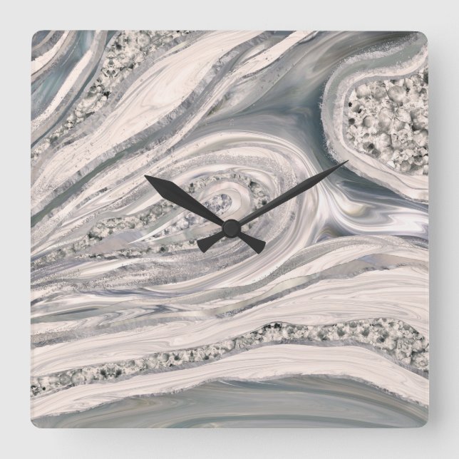 Grey liquid marble and crystal - pearl and silver quadratische wanduhr (Vorderseite)