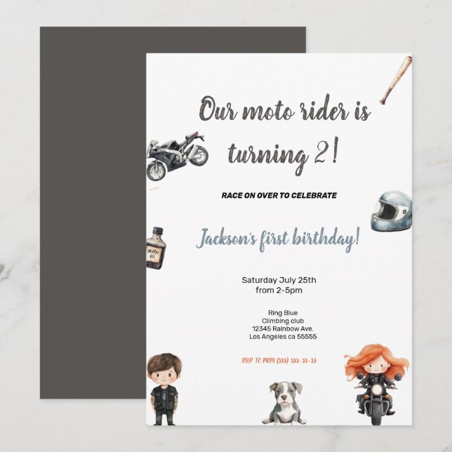 GREY MOTO RIDERS BIRTHDAY PARTY INVITATION (Devant / Derrière)
