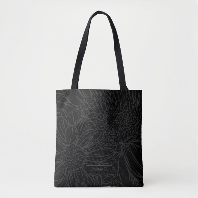 Grey on Black with Name and Chrysanthemums Tasche (Vorderseite)