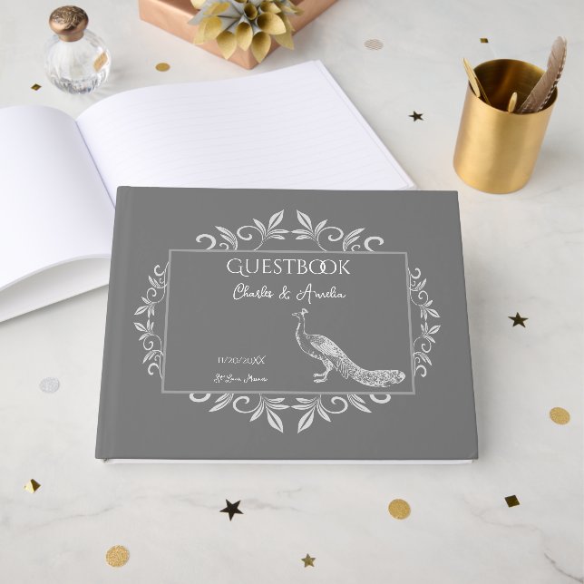 Grey Peacock Flourish Mariage Livre d'invité (Recto ouvert)