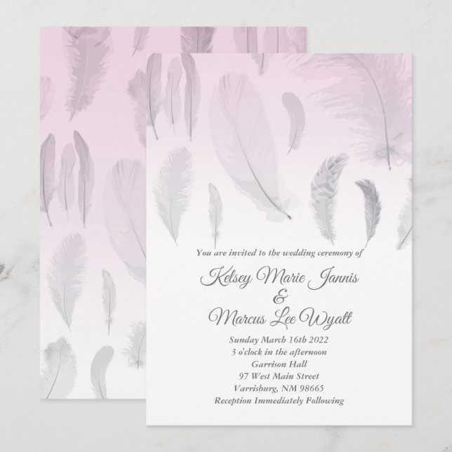 Grey Pink Feather Wedding Einladung (Vorne/Hinten)