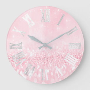 Grey Pink Gray Silver Glitter Metal Roman Numers Große Wanduhr