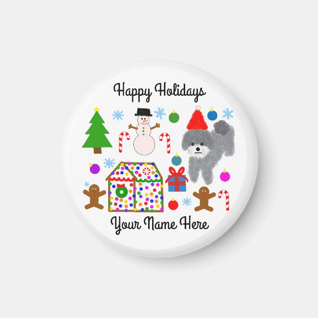 Grey Poodle Christmas #3 Round Magnet (Vorne)