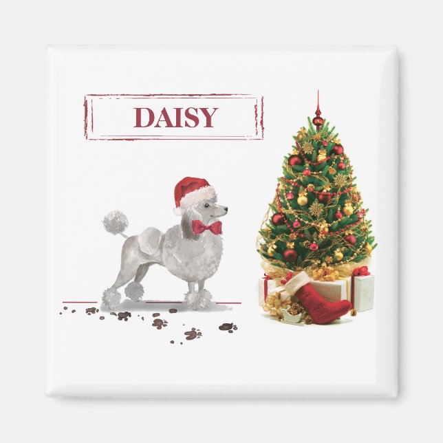 Grey Poodle Funny Christmas Dog with Tree Magnet (Vorne)