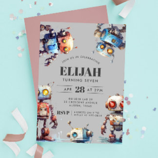 Grey Robots Tech Gear Builder Birthday Party Einladung