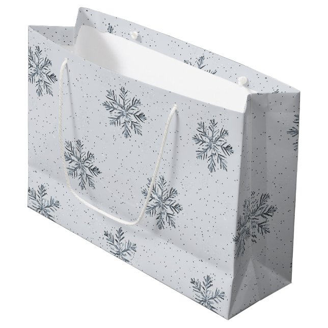 Grey Silver Snowflakes Christmas Große Geschenktüte (Vorderseite Schrägansicht)