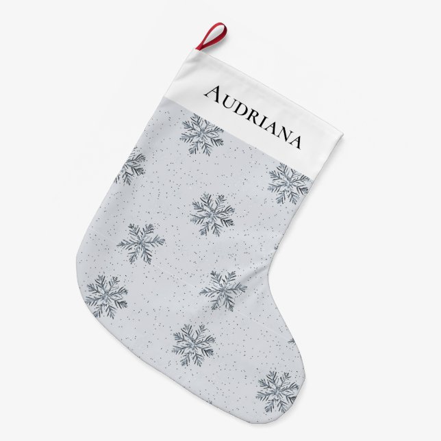 Grey Silver Snowflakes Christmas Großer Weihnachtsstrumpf (Vorderansicht (hängend))
