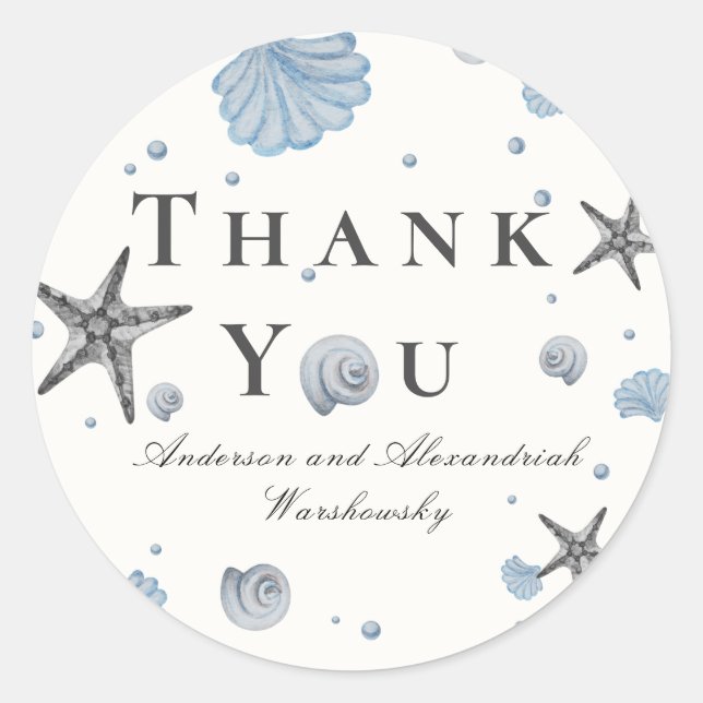 Grey Starfish Blue Muschel Beach Wedding Runder Aufkleber (Vorderseite)