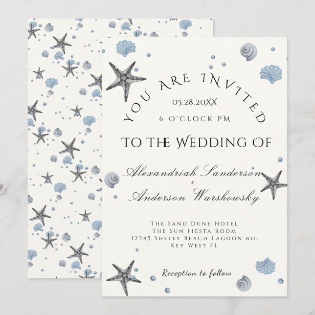 Grey Starfish Blue Muscheln Beach Wedding Einladung (Vorne/Hinten)