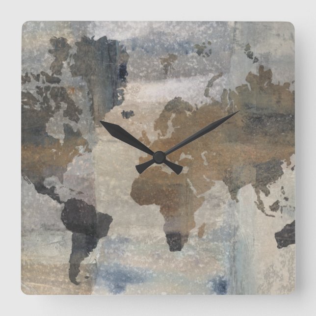 Grey Stone Map Of The World Quadratische Wanduhr (Vorderseite)
