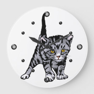 Grey Striped Kitten Wall Clock Große Wanduhr