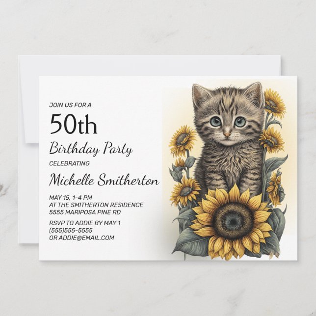 Grey Tabby Kitten Cat Sonnenblumen 50. Geburtstag Einladung (Vorderseite)