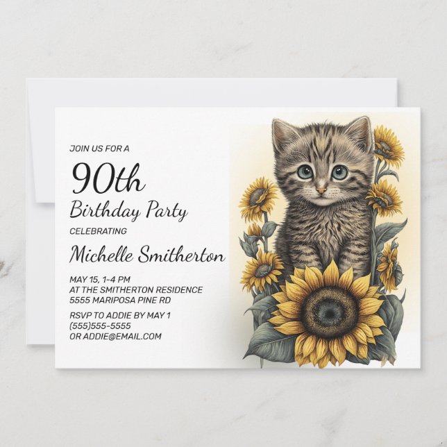 Grey Tabby Kitten Cat Sonnenblumen 90. Geburtstag Einladung (Vorderseite)