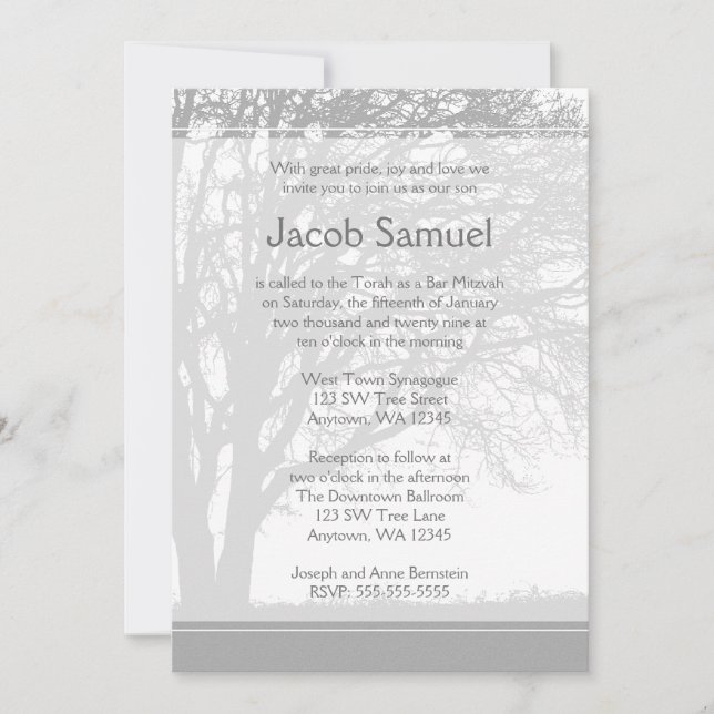 Grey Tree of Life Bar Mitzvah Invitations (Devant)