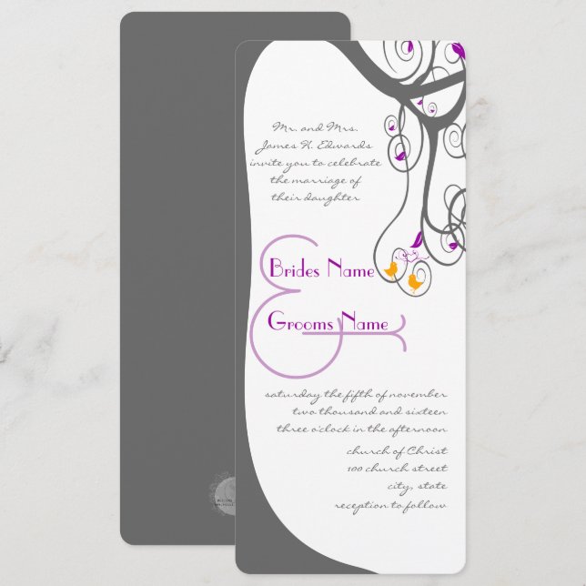 Grey Tree Plum Verlass Love Birds Wedding Einladun Einladung (Vorne/Hinten)
