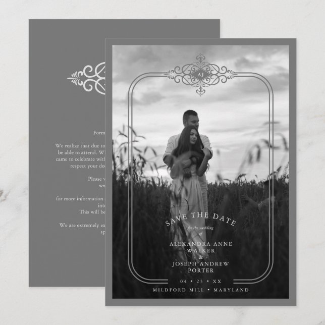 Grey Trendy Lace Flourish Initials Wedding Photo Save The Date (Vorne/Hinten)