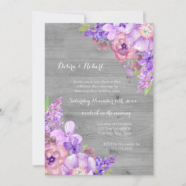 Grey Wood Lilac Purple Blumen Vow Renewal Einladung (Rückseite)
