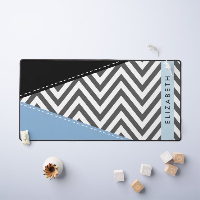 Grey Zigzag, Grey Chevron, Bleu, Votre Nom (Tableau pour enfants)