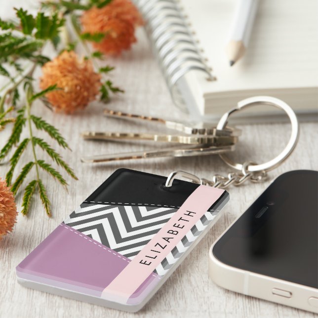 Grey Zigzag, Grey Chevron, Purple, Votre Nom (Devant droit)